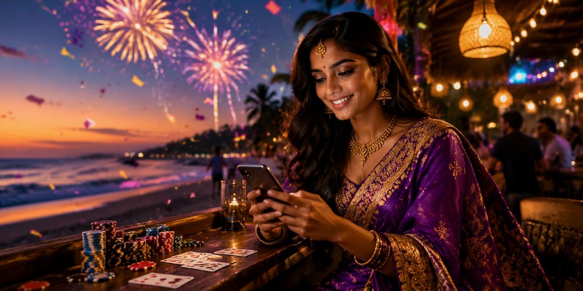 Playing poker beachside in Goa with scenic ocean background